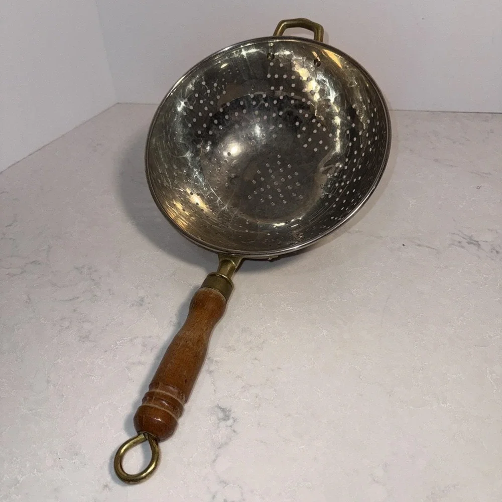 Vtg Copper and Brass Colander Strainer Kitchenware Brass And Wood Handle